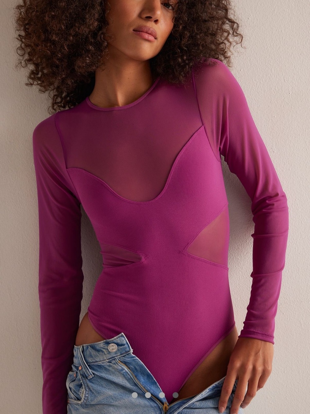 Free People Long Sleeve Mesh Bodysuit in Magenta